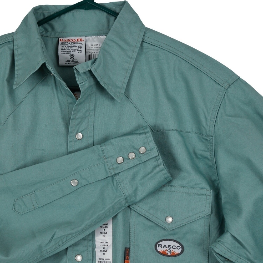 RASCO FR Shirt Mens‎ 2XL Long Sage Green Pearl Snap Flame Resistant Work